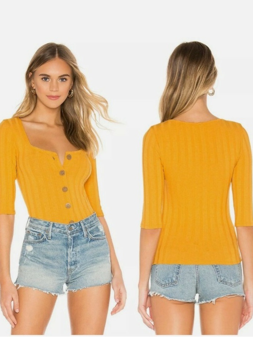 Free People Ribbed Button-Front Short Sleeve Top in Mustard Size Medium BNWOT